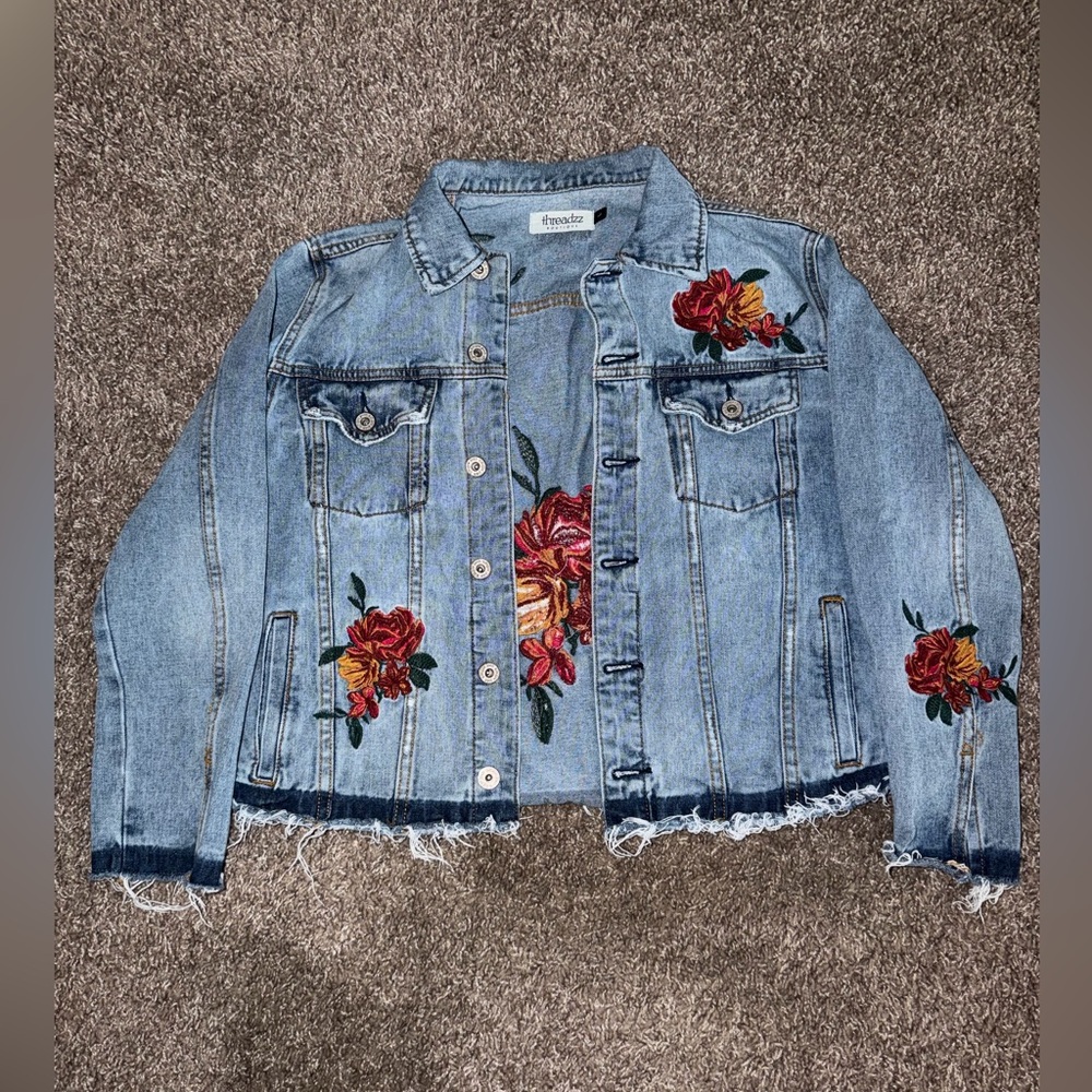 Thredzz Boutique Denim Jacket with Red Floral Embroidery